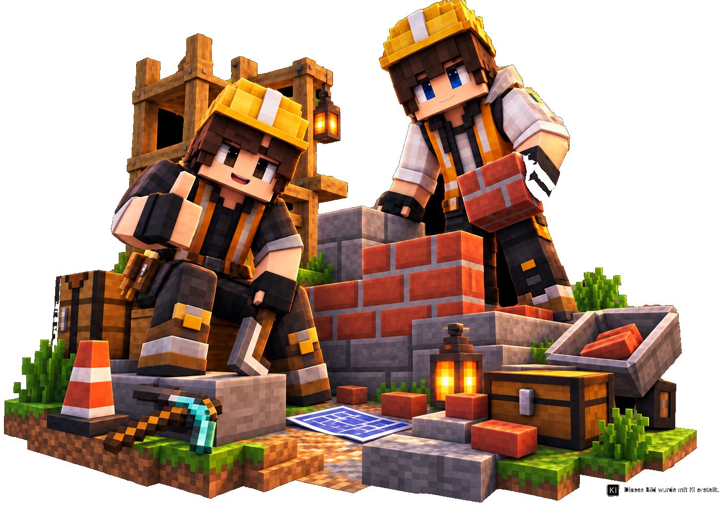 Zwei Minecraft-Bauarbeiter bauen eine Ziegelmauer